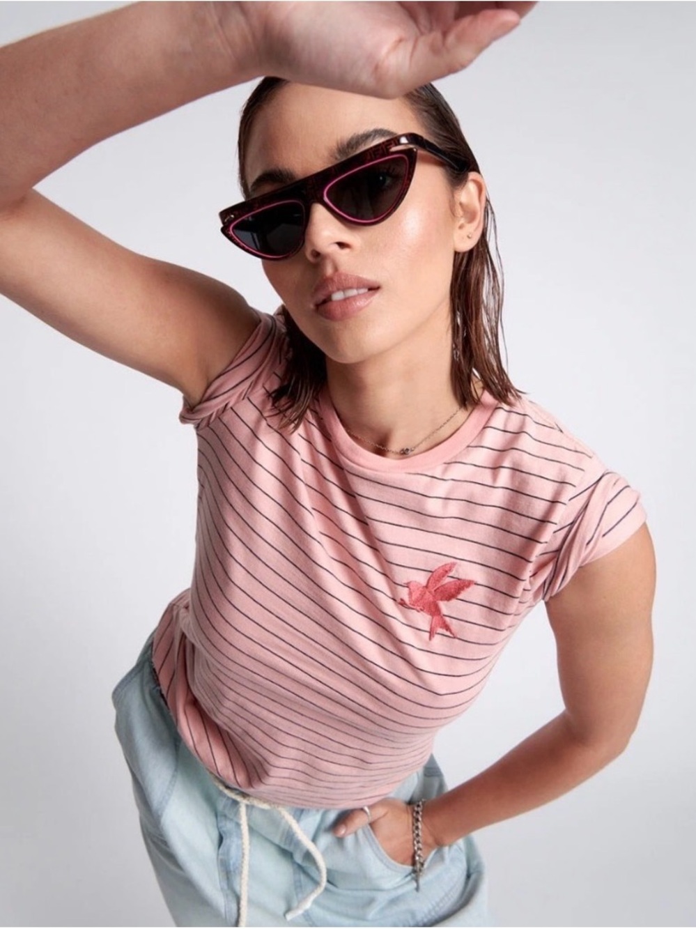 One Teaspoon Pink Striped Tee with Embroidered Bird